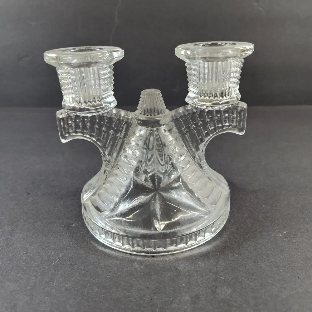 Vintage 30’s Federal Glass Wigwam Double Candlestick Holder Taper Depression